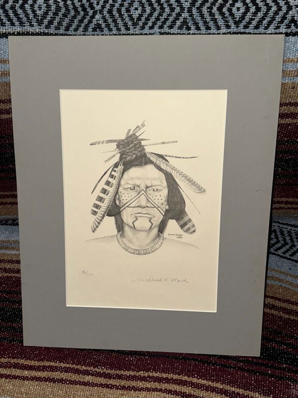 Michael K. Ward Signed Native American Indian Pencil Drawing Portrait Print 1982